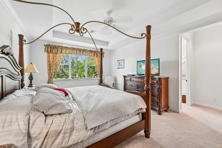 Tray ceiling and crown molding complement the light wall colors