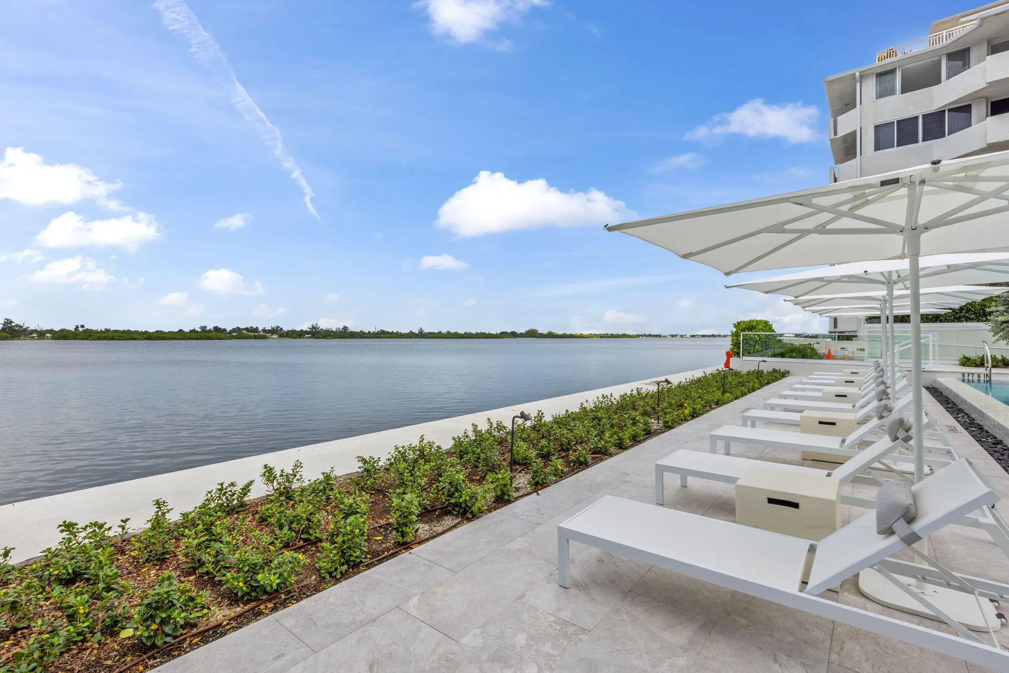 Waterfront property featuring a paver patio with landscaping, lounge chairs, and shade umbrellas