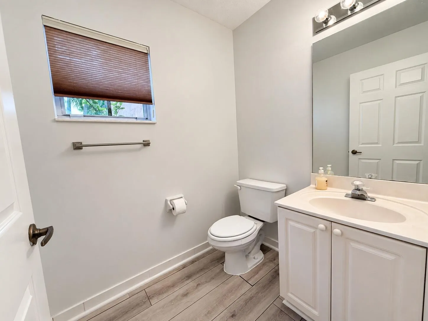 Vanity with an integrated sink and base cabinetry, wall-mounted mirror, overhead light fixture, and wood-finish flooring