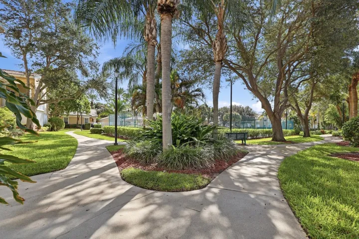 Lush trees surrounding your walking path, pet friendly for owners.