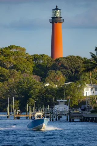The Jupiter Inlet Lighthouse & Museum is one of Jupiter’s most iconic landmarks, featuring the historic 1860 lighthouse, museum exhibits, nature trails, and panoramic views of the Jupiter Inlet, Intracoastal, and Atlantic Ocean. Approximately a 5–10 minute drive.