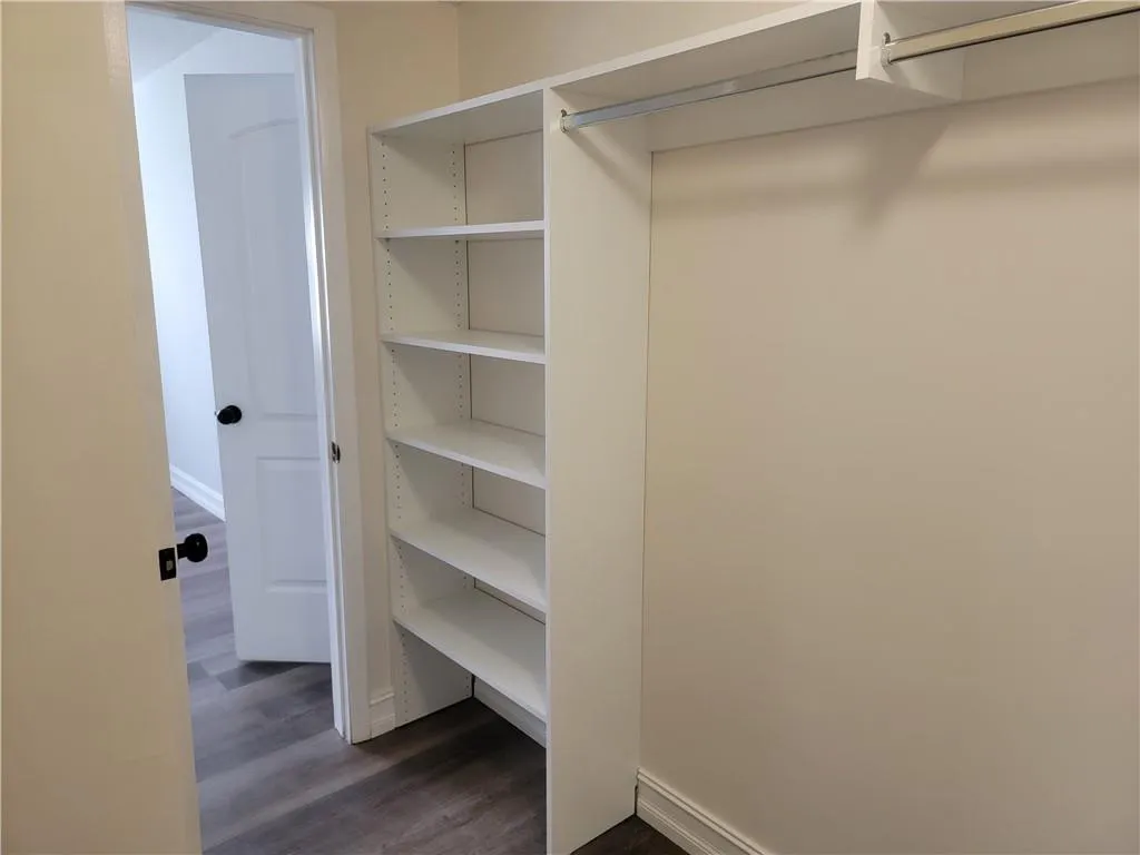 Built-in shelving with adjustable shelves, integrated clothing rod, and wood-finish flooring