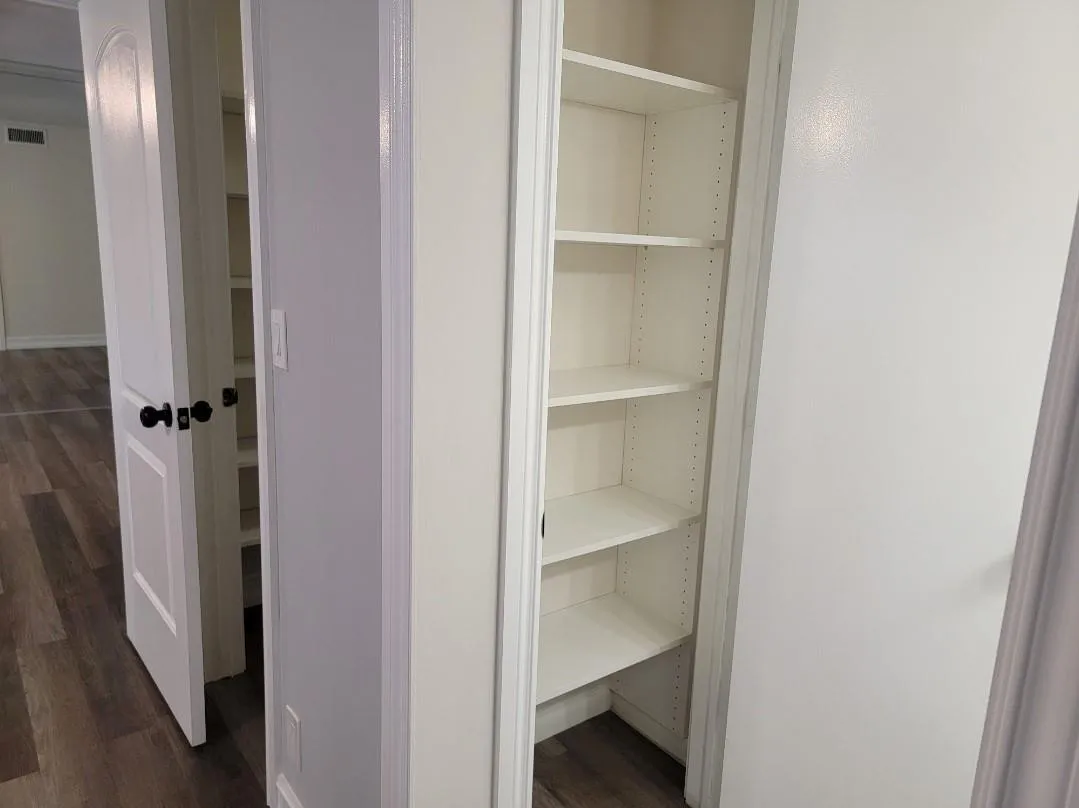 Built-in shelving with adjustable white shelves, flat-panel interior doors, and wood-finish flooring