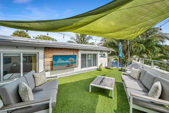 Rooftop patio featuring an artificial turf surface, a large shade canopy, an outdoor media display, and a modern railing