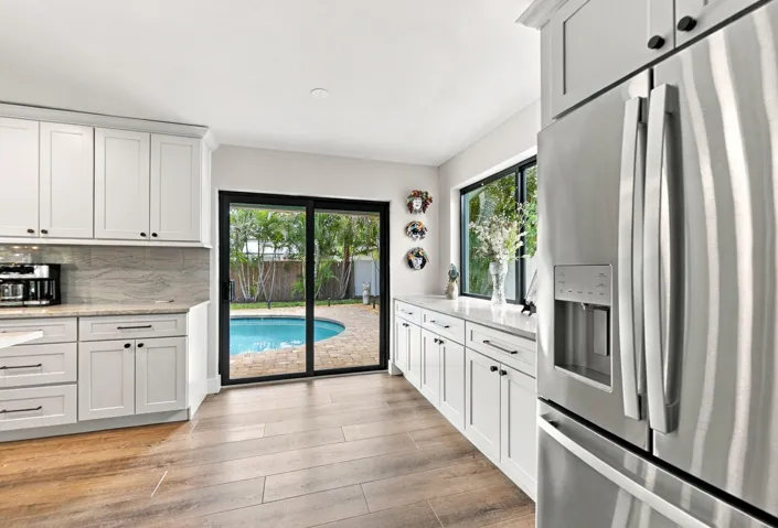View from garage door entrance to pool/patio