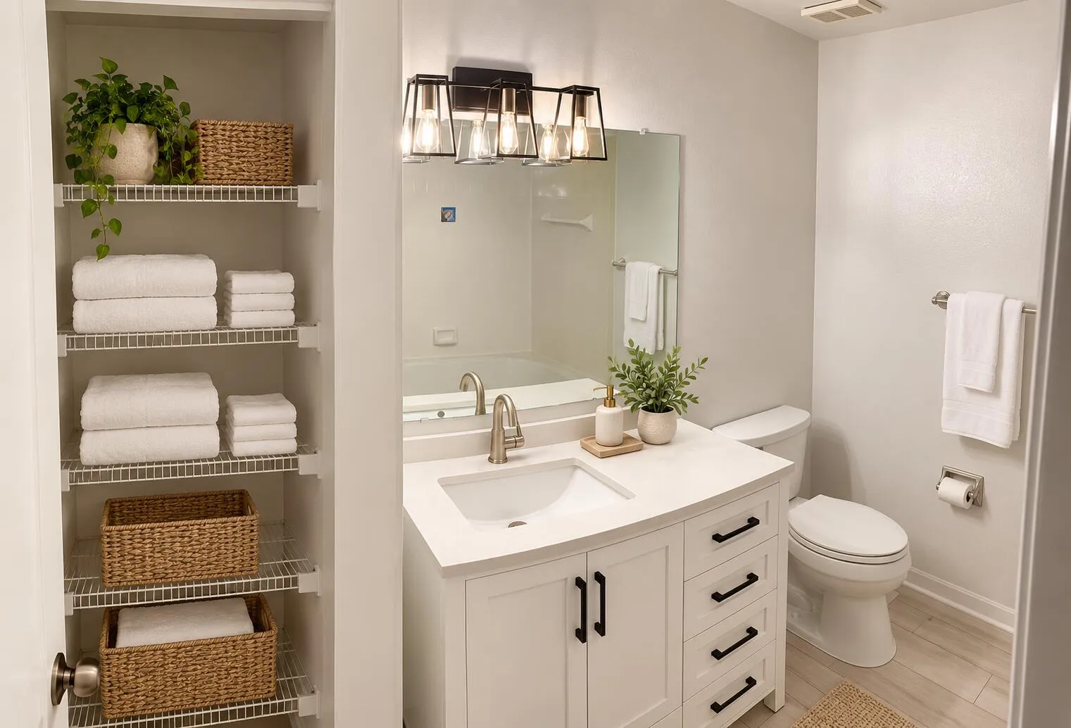 Warm modern bathroom staging