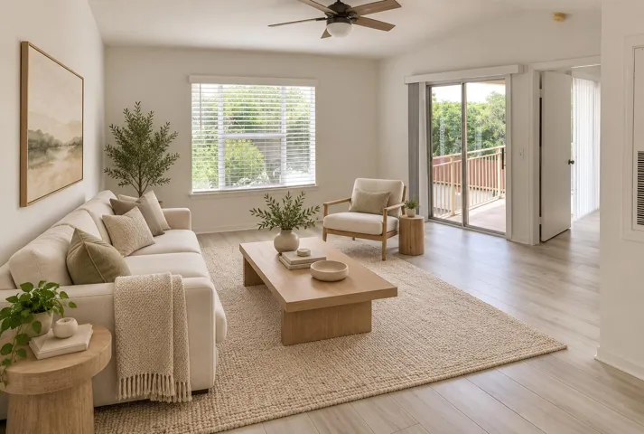 Warm modern living room with balcony