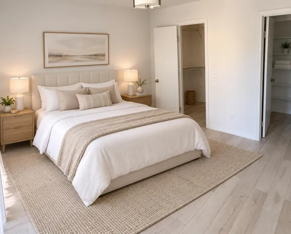 Warm modern bedroom with oak accents