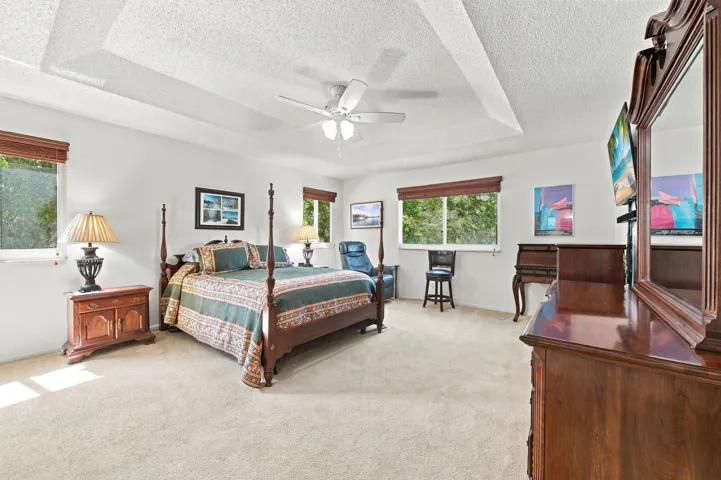 Recessed tray ceiling with ceiling fan, multiple windows with wood-finish blinds, and light-tone carpet flooring