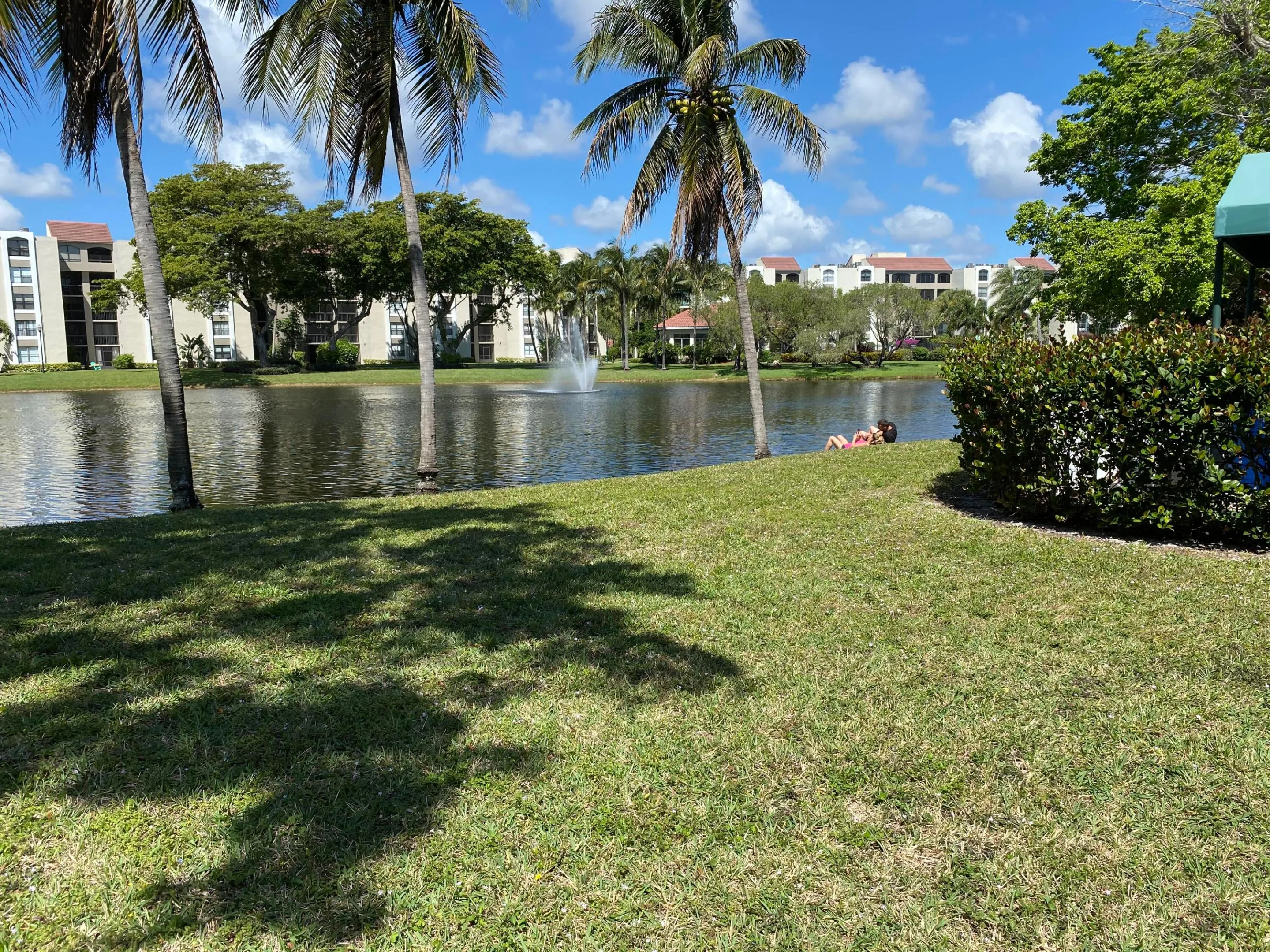 Lush green lawn bordering a tranquil body of water, enhanced by a decorative water fountain