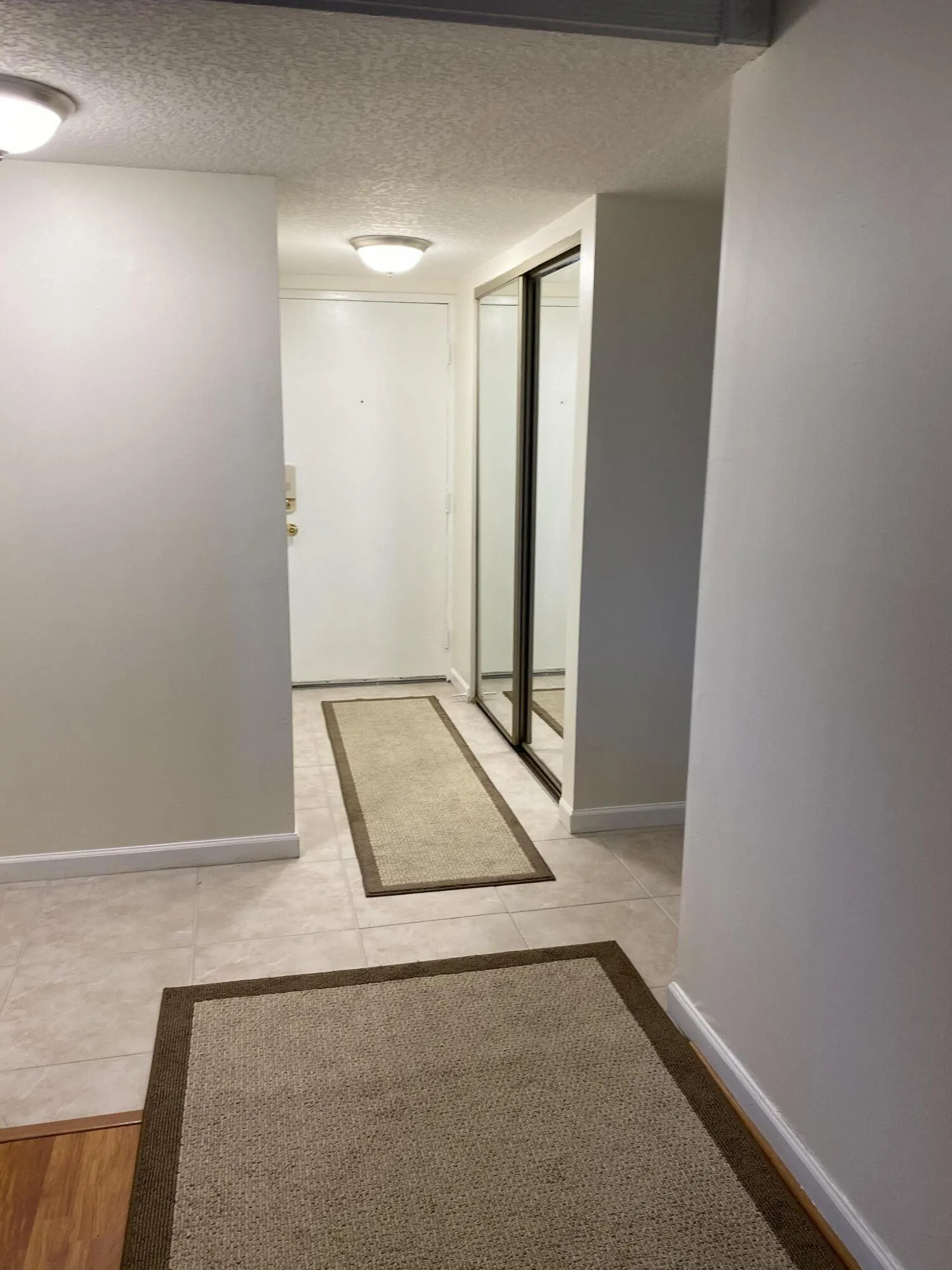 Tile flooring entry with flush-mounted ceiling lighting
