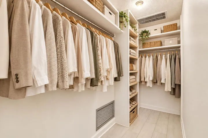 Built-in shelving, hanging rods, wood-finish flooring, recessed lighting