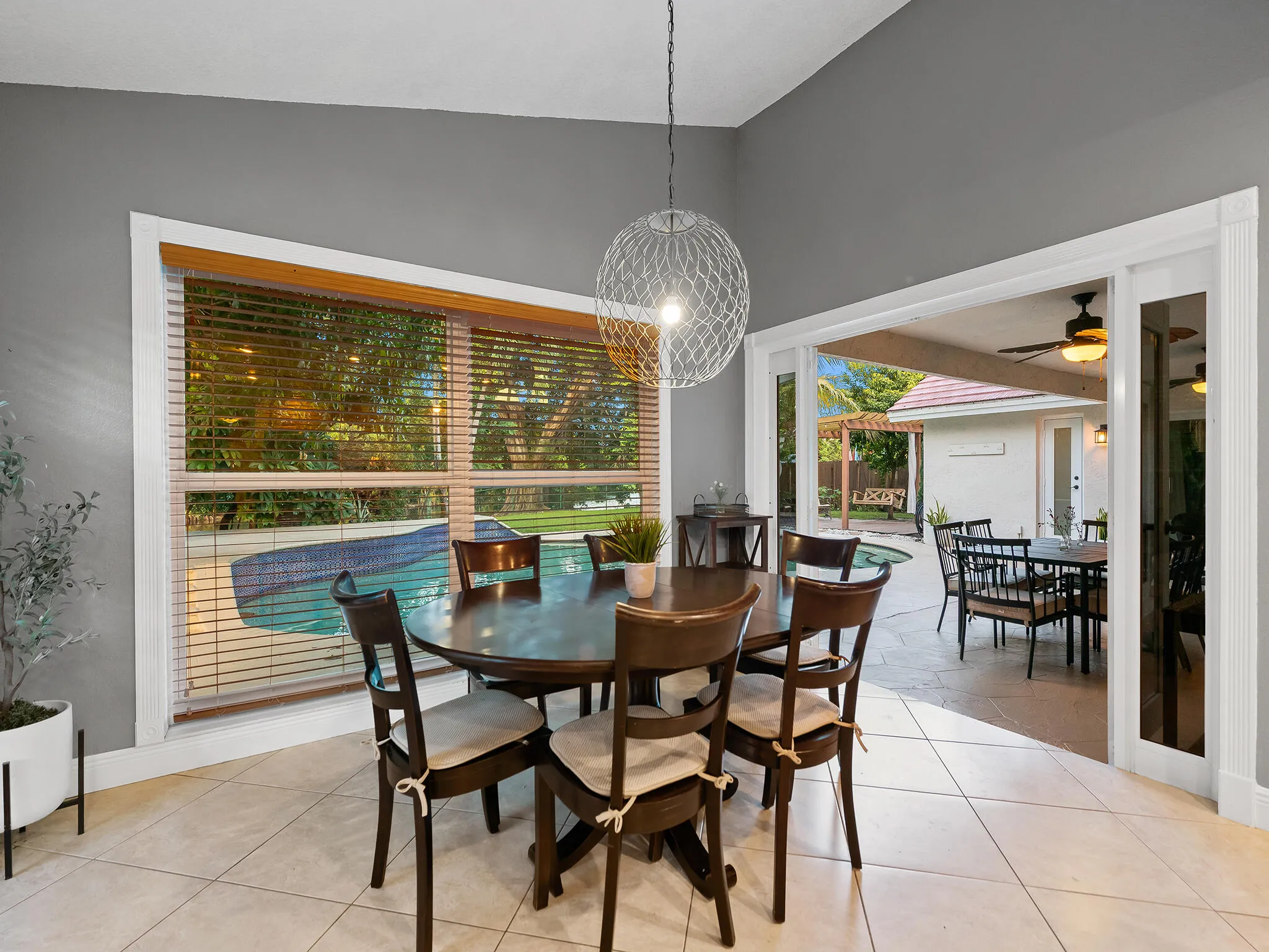 Breakfast nook with pool views.