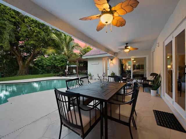 Covered patio dining for al fresco dinners.