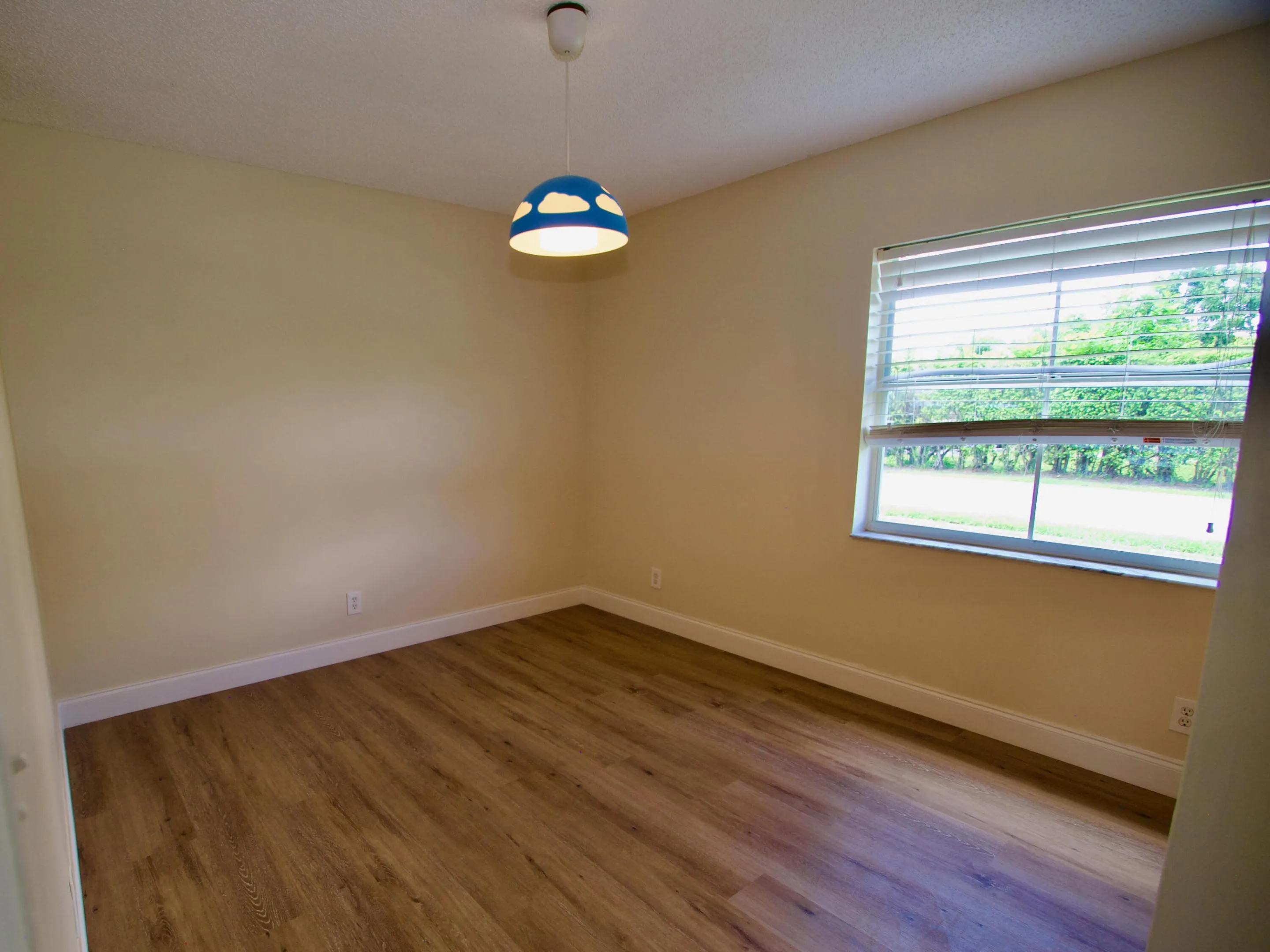 Neutral tone walls with wood-finish flooring
