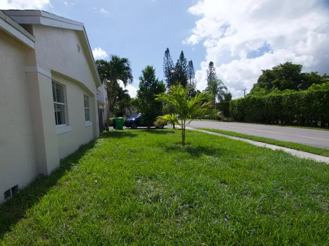 Stucco exterior with white trim, a verdant lawn, mature trees, and a paved street with a sidewalk