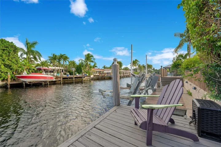 Waterfront property featuring a wood-plank dock, boat lift, and mature palm trees