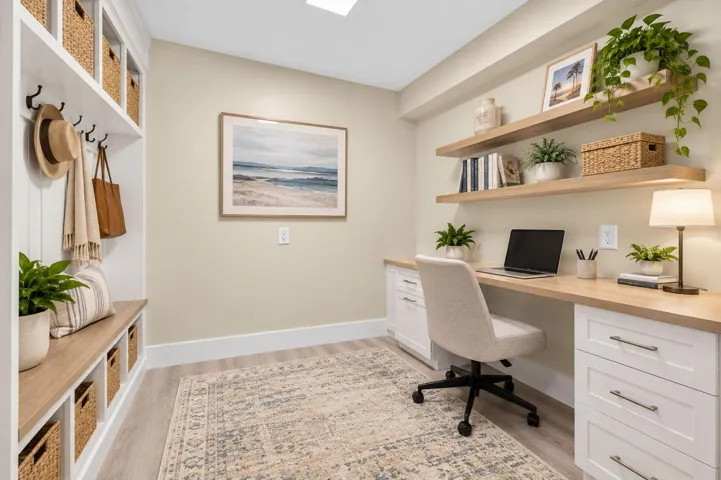 Across the hall is the mud room w/ huge storage room that could be used as an office