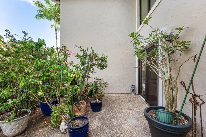 Outdoor patio with textured concrete flooring, stucco exterior, and a glass-paneled entry door