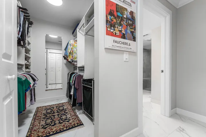 Walk-in closet with built-in shelving, hanging rods, full-length mirror, and white panel doors