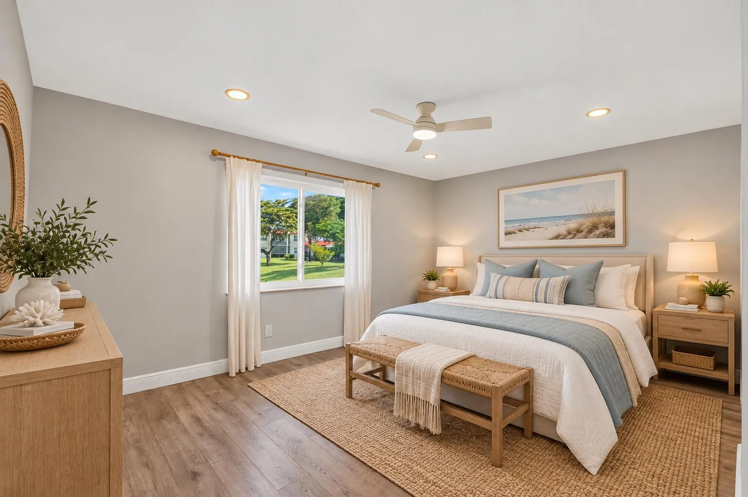 Primary Bedroom w Lake View, Impact Window, New Ceiling Fan, New Window Treatments