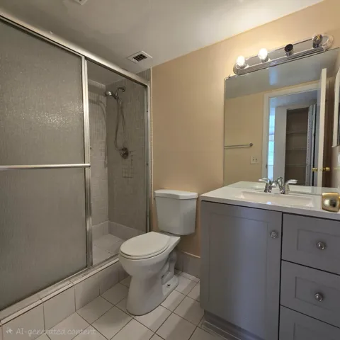 Shower with sliding plexi-glass enclosure, white tile flooring, new modern vanity.