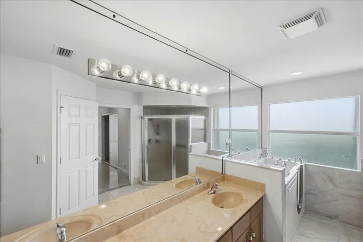 Primary en-suite, double vanity, separate shower, walk-in tub, and closet toilet