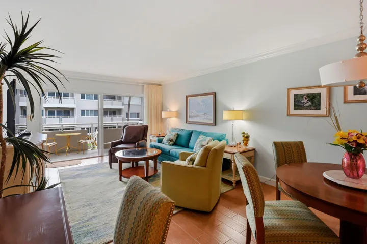 Wood-finish flooring throughout, bright balcony access with sliding glass doors, and a ceiling-mounted light fixture