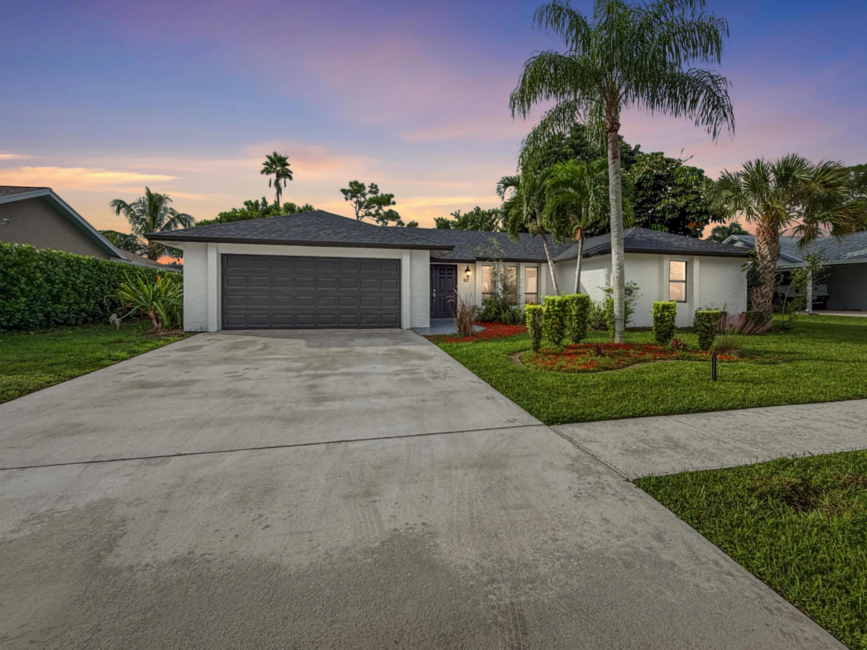 White stucco exterior with a dark shingle roof, attached garage with a dark panel door, concrete driveway, and landscaped front yard with palm trees