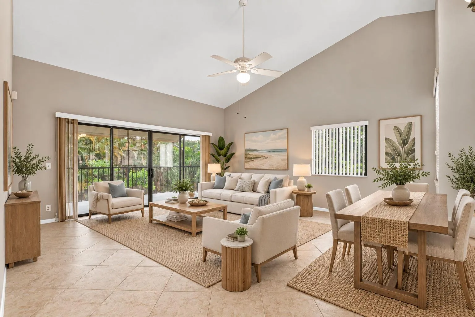 Staged photo, living room, dinning room area.