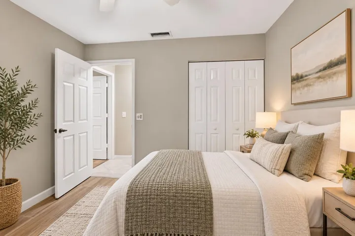 Staged photo, guest bedroom.