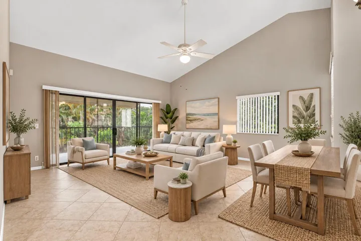 Staged photo, living room, dinning room area.