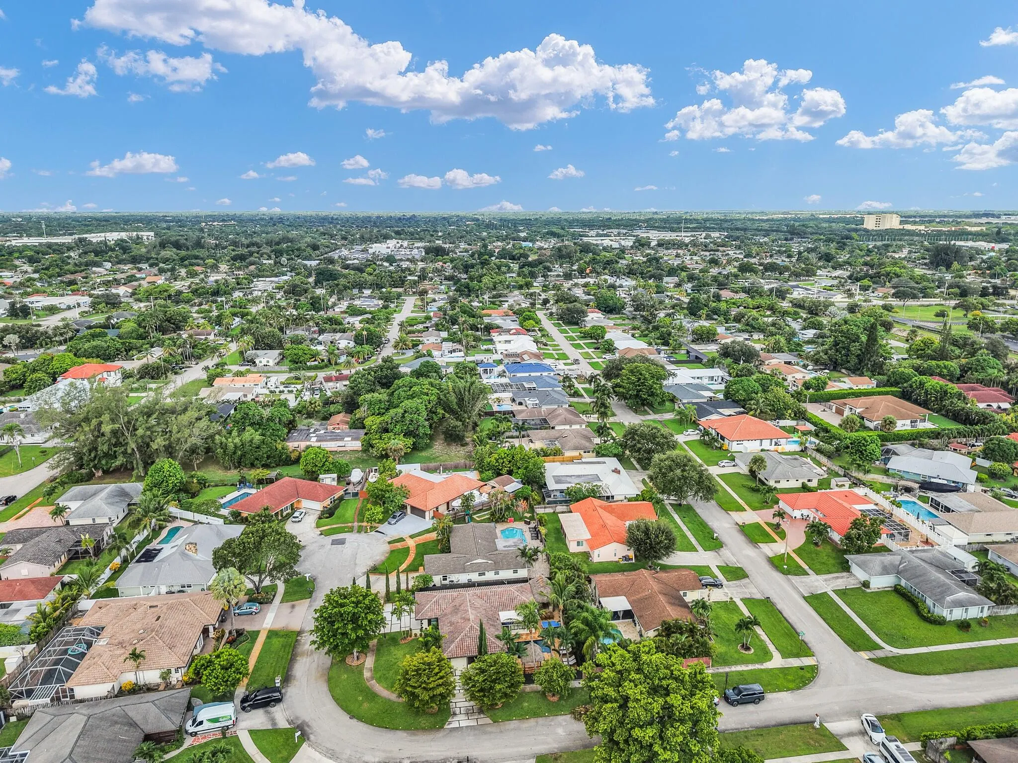 Aerial perspective showcasing a residential neighborhood with mature landscaping