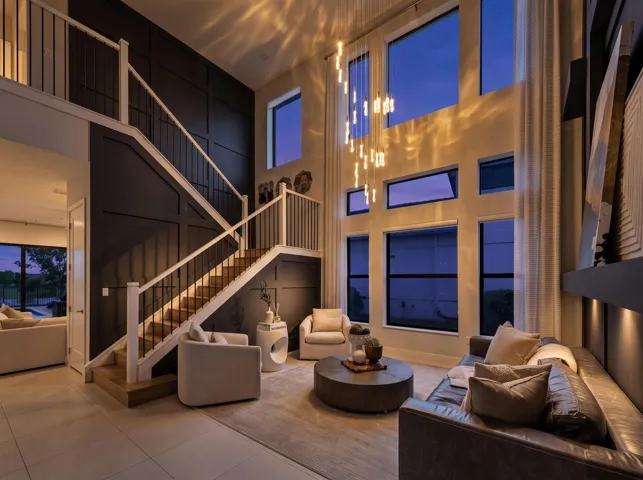 Two-story living area with high ceilings, multi-pane windows, and a built-in staircase featuring white balusters and wood treads