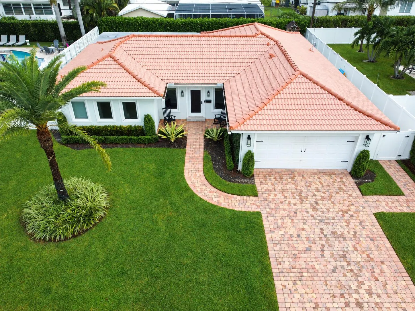 Aerial view of the home and front yard.