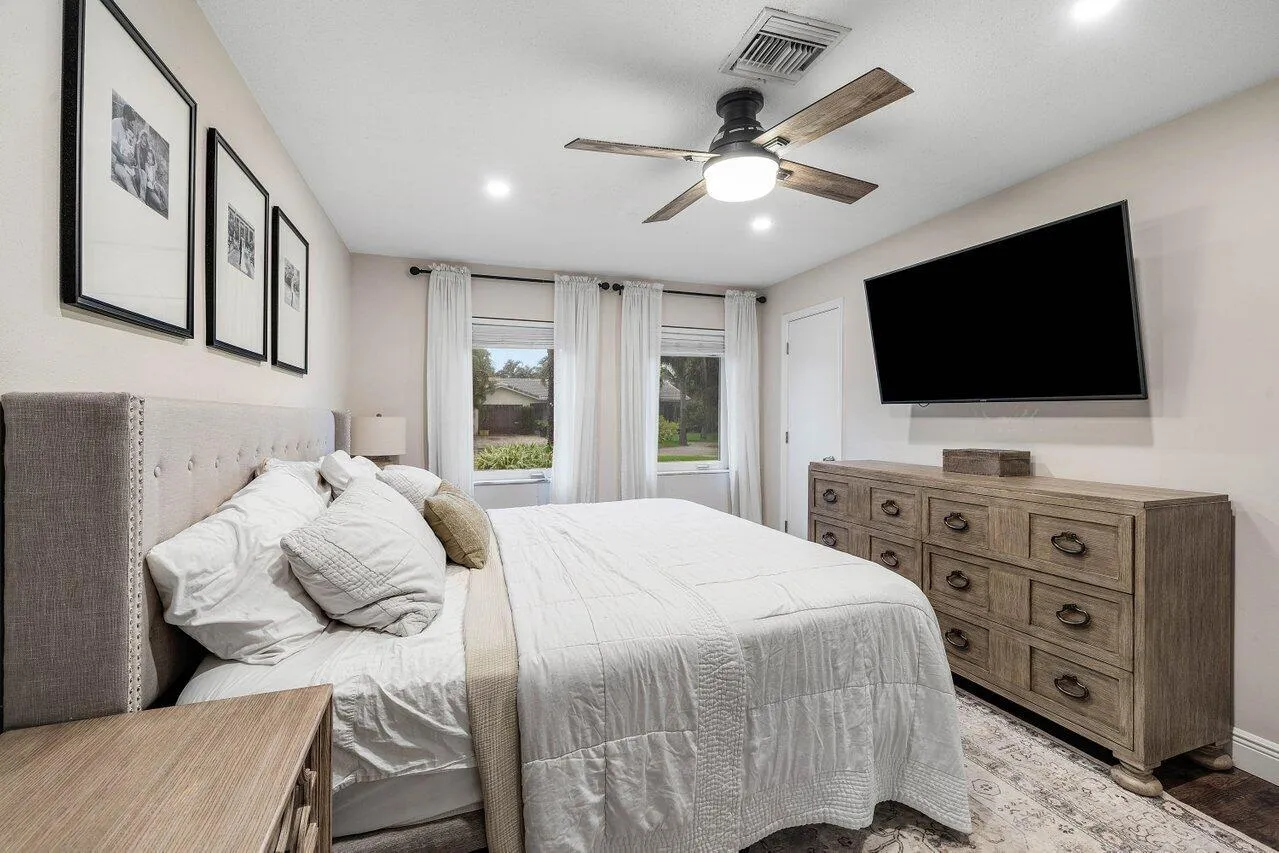 Large windows bring in natural light.