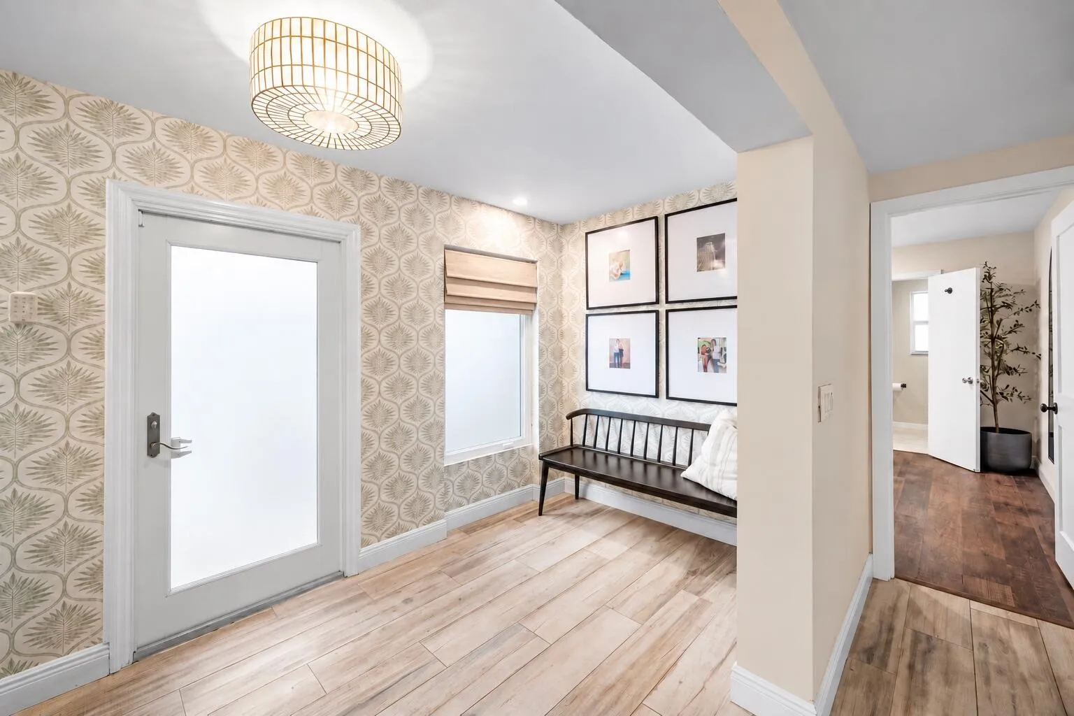 Welcoming entry with bench seating.