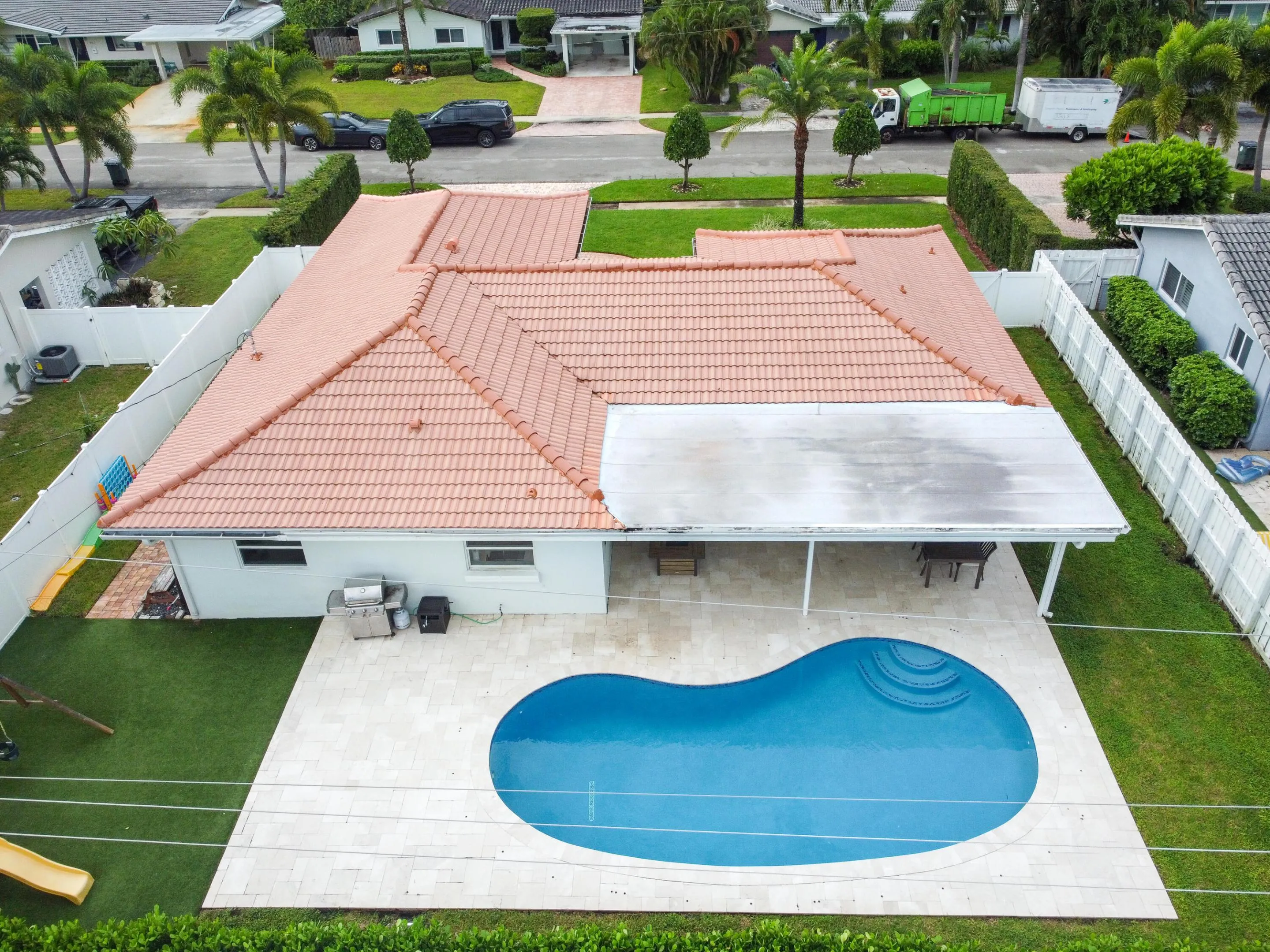 Overhead view of the pool and patio.