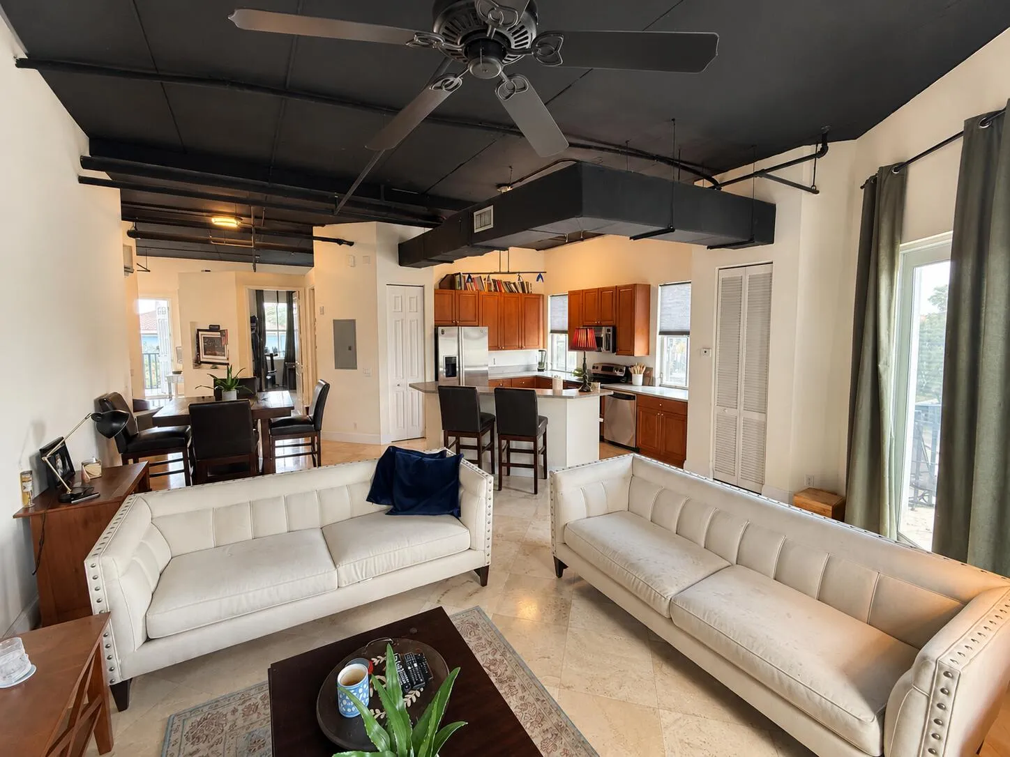 Bright industrial living room and kitche
