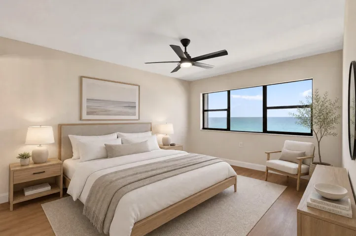 Main Bedroom overlooking Ocean, virtually staged
