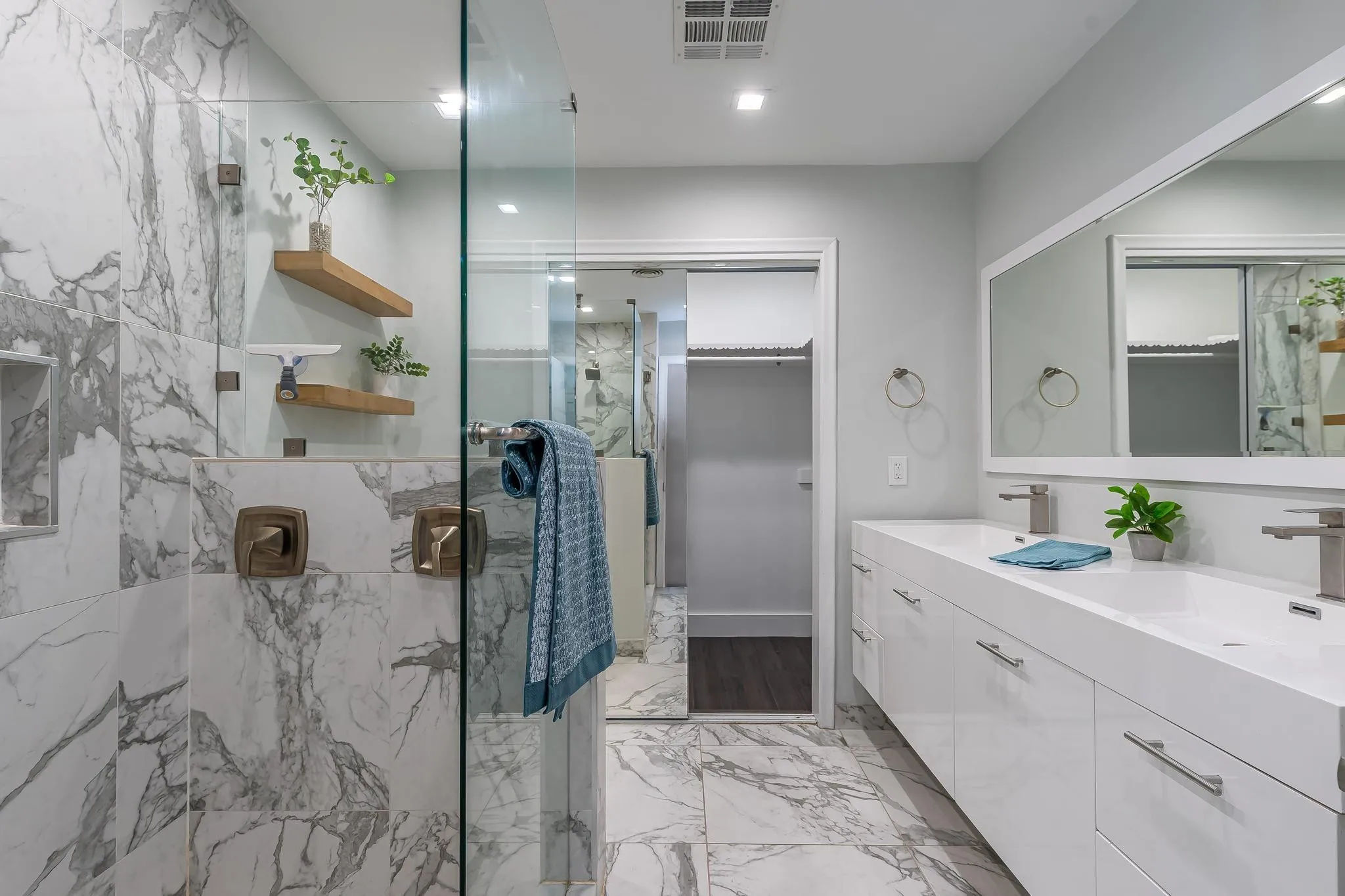 Primary bath with frameless glass shower