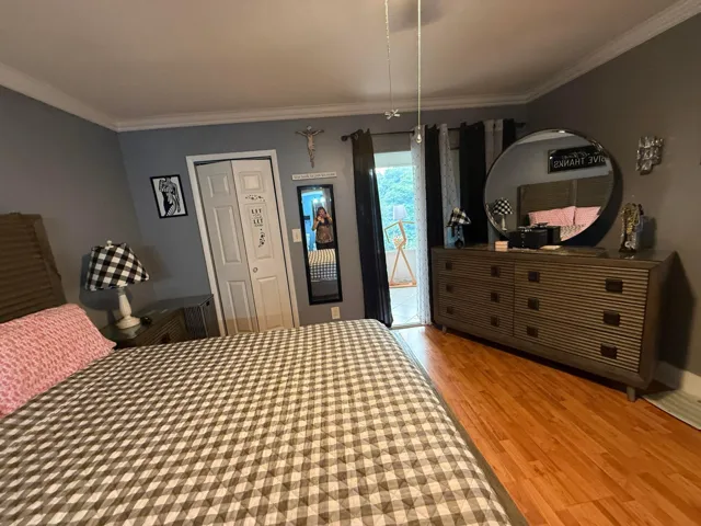 Wood-finish flooring, crown molding, and a built-in closet with bi-fold doors