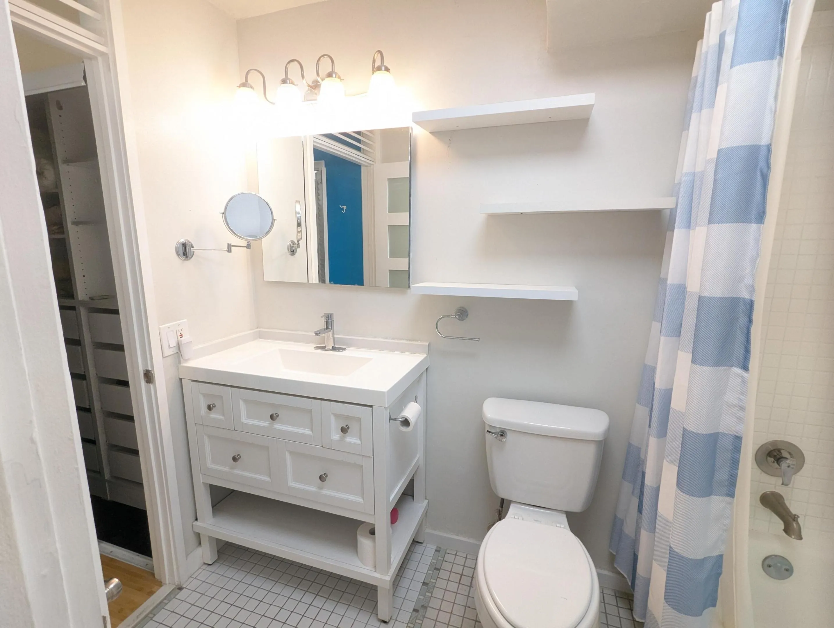 White vanity with integrated sink
