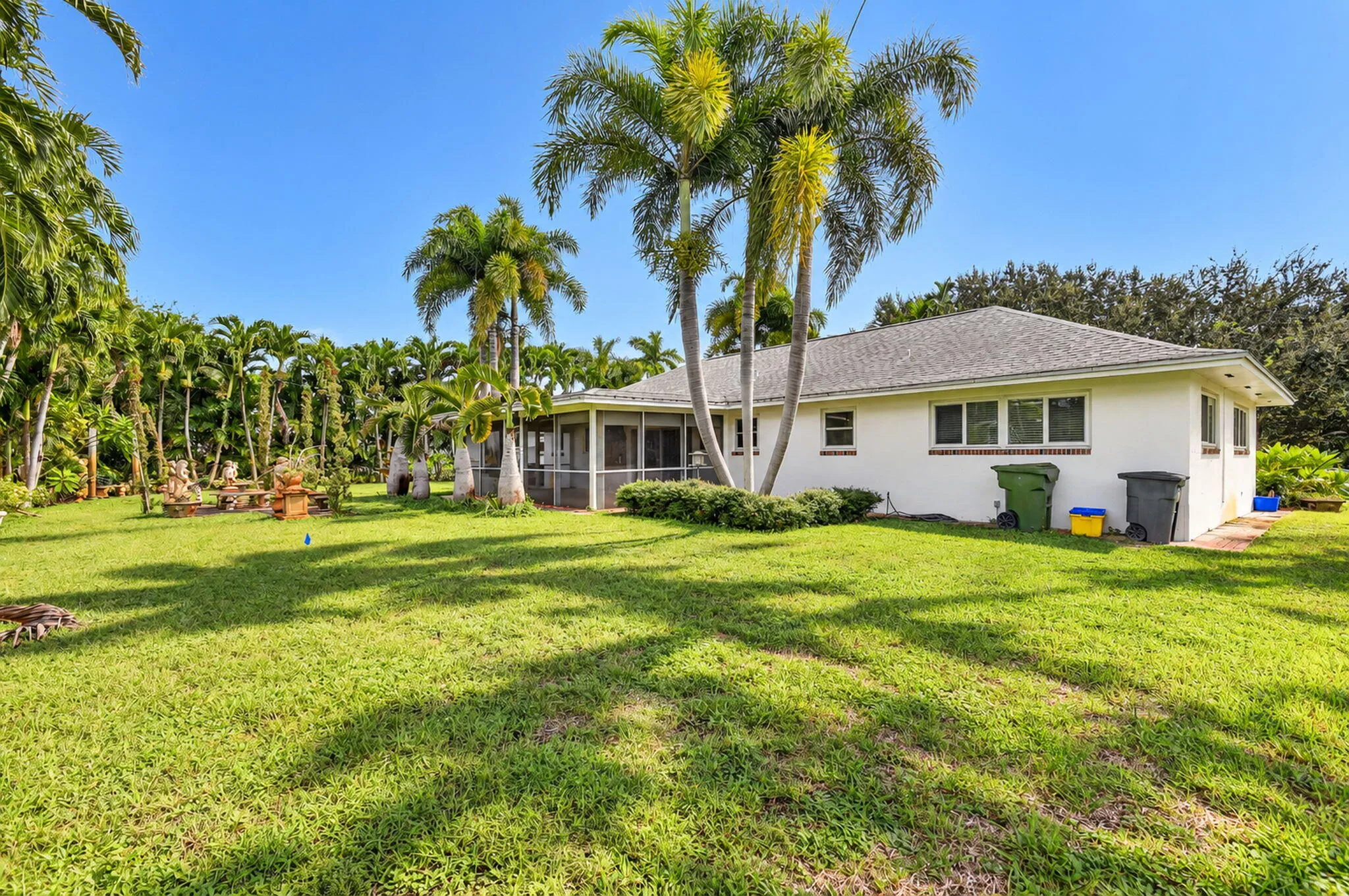 Expansive green lawn with mature palm trees and a screened-in patio