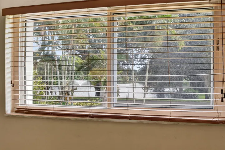 Large window with wood-tone blinds, offering a scenic backdrop of trees and a body of water