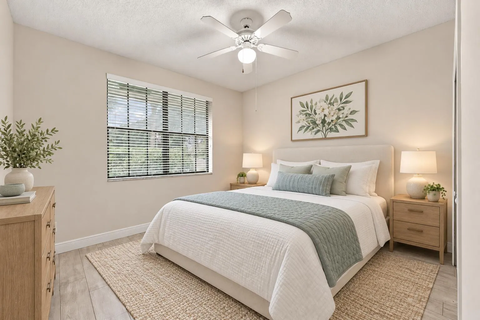 Recessed window with horizontal blinds, overhead ceiling fan with light fixture, wood-finish flooring, and neutral wall tones