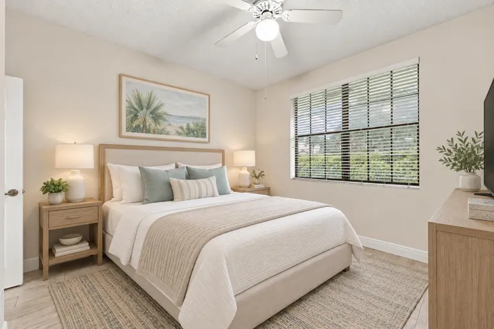 Neutral-toned walls complement wood-finish flooring