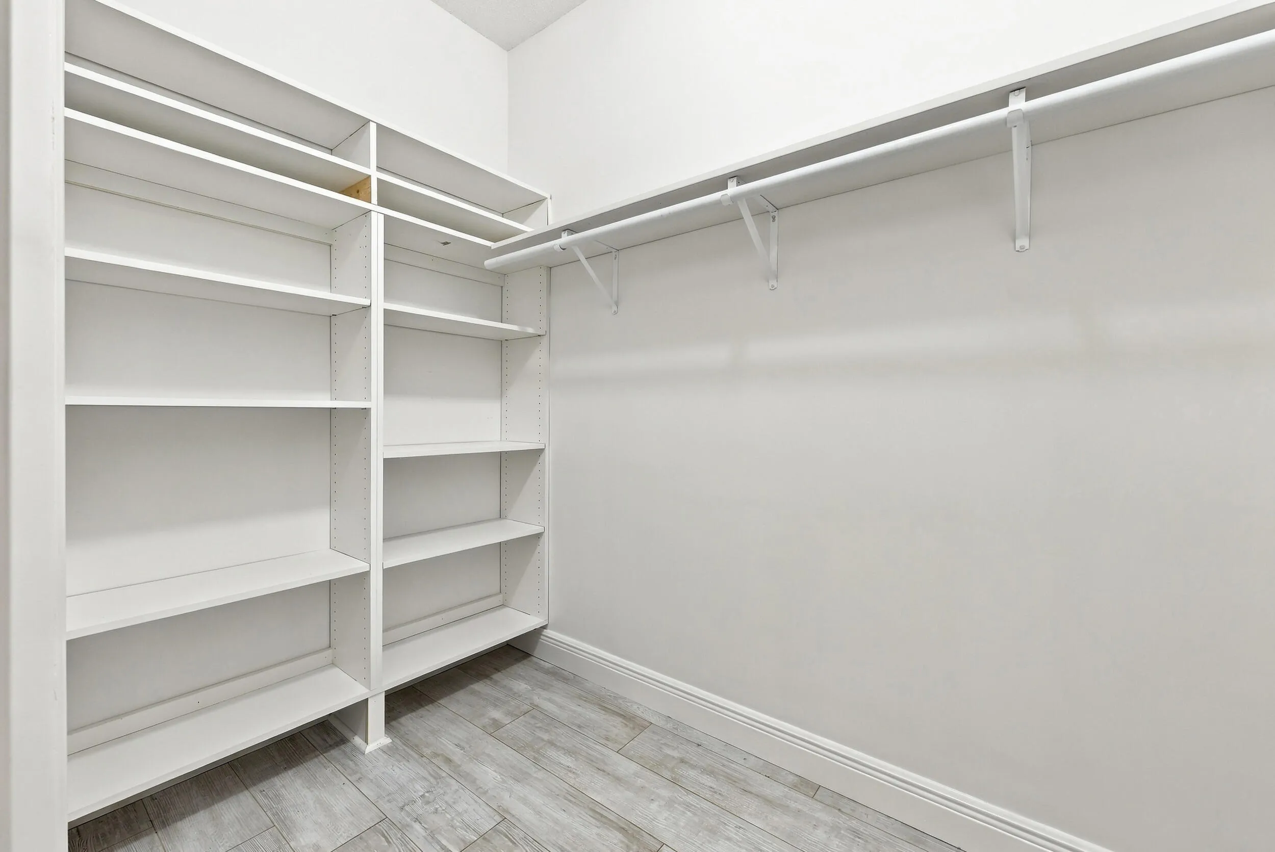 Built-in shelving and hanging rods with wood-finish flooring