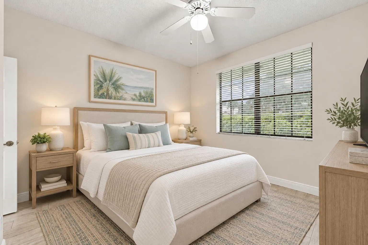 Neutral-toned walls complement wood-finish flooring