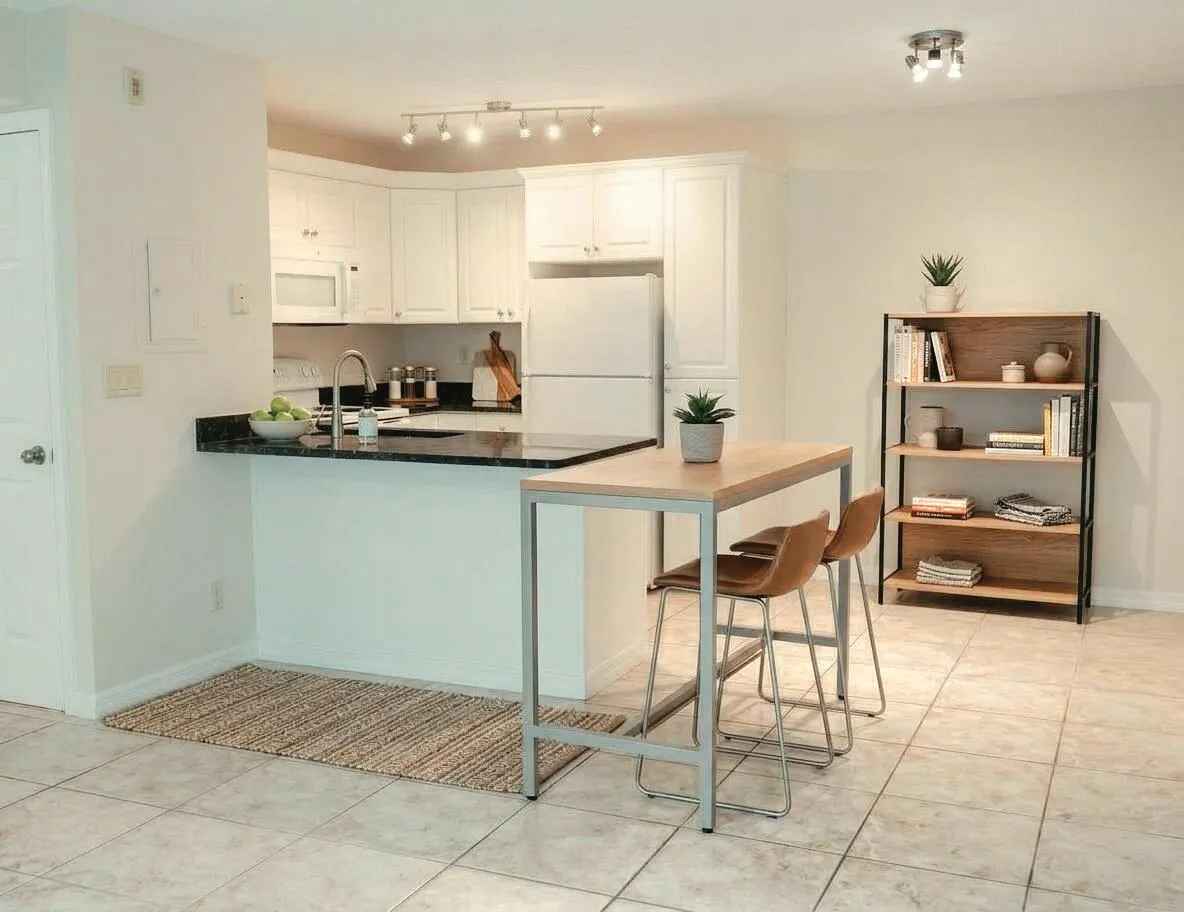 CLEAN MODERN KITCHEN WITH SNACK BAR FOR ENTERTAINING. virtually staged